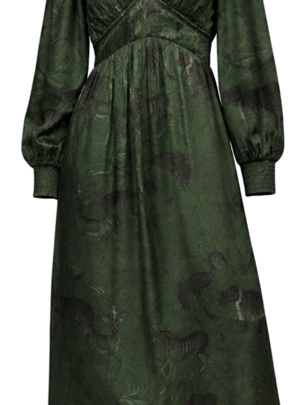 All Saints Green “Estelle” Animal Print Long Sleeve Silk Midi Dress, Sz L